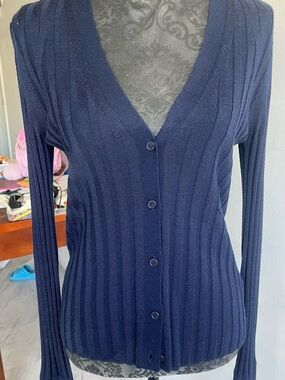 Nili Lotan Navy Ribbed V-Neck Button Cardigan